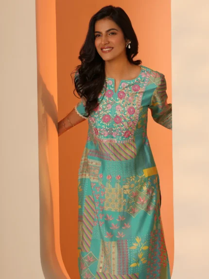Blue Printed Silk Blend Straight Kurta