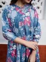 Blue Cotton Floral A-Line Short Kurti