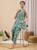 Light Green Pure Cotton Floral Printed A-Line Cord Set
