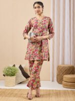 Mint Color Cotton Floral Printed A-Line Cord Set - Image 2