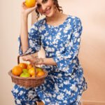 Blue Pure Cotton Floral Printed Straight Cord Set - Style 03537