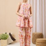 Light Pink Pure Cotton Floral Printed A-Line Cord Set