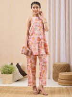 Light Pink Pure Cotton Floral Printed A-Line Cord Set - Image 2