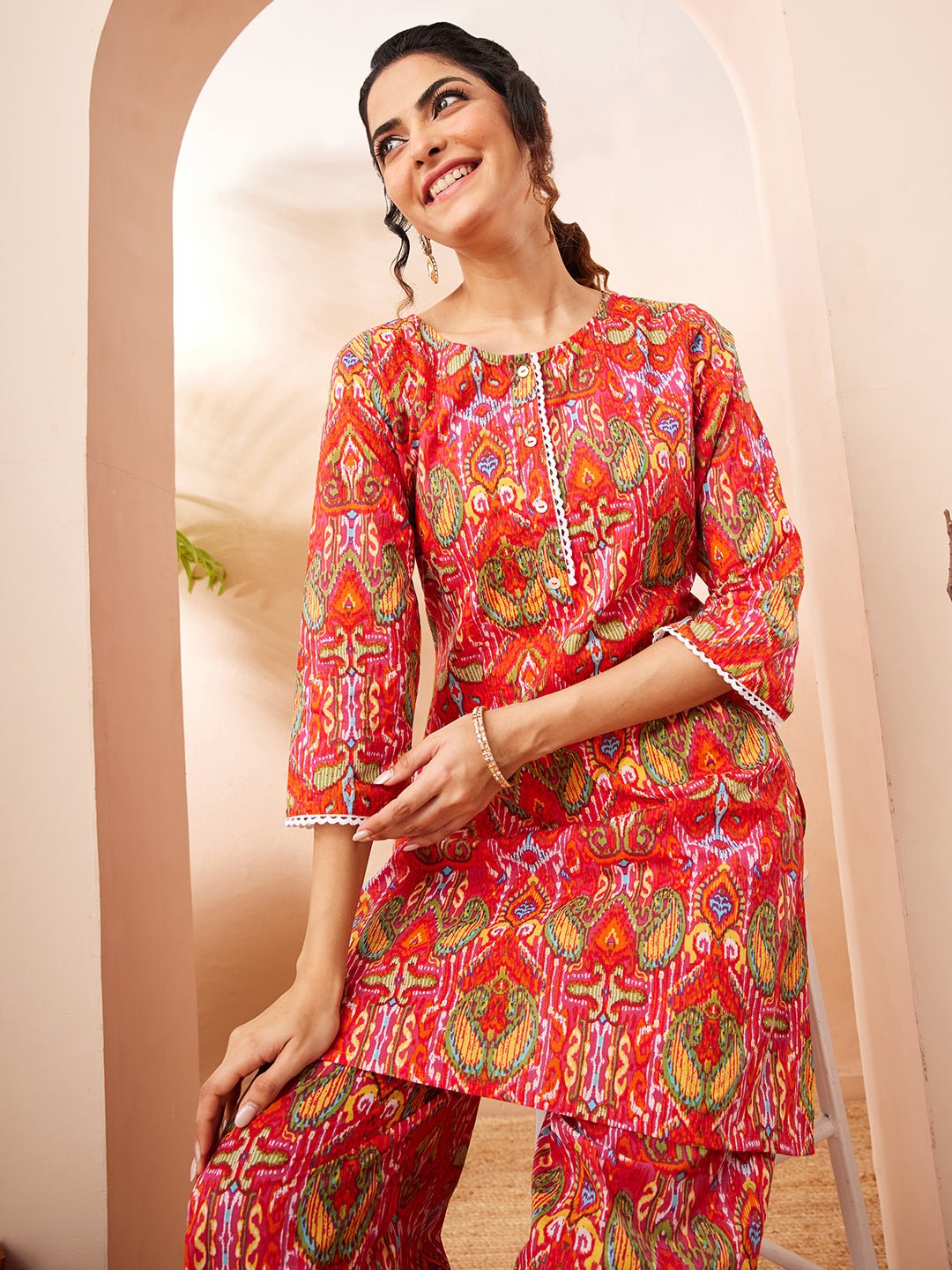 JAA26CD03691_1.jpg Multi Pure Cotton Ikkat Printed Straight Cord Set - Image 1