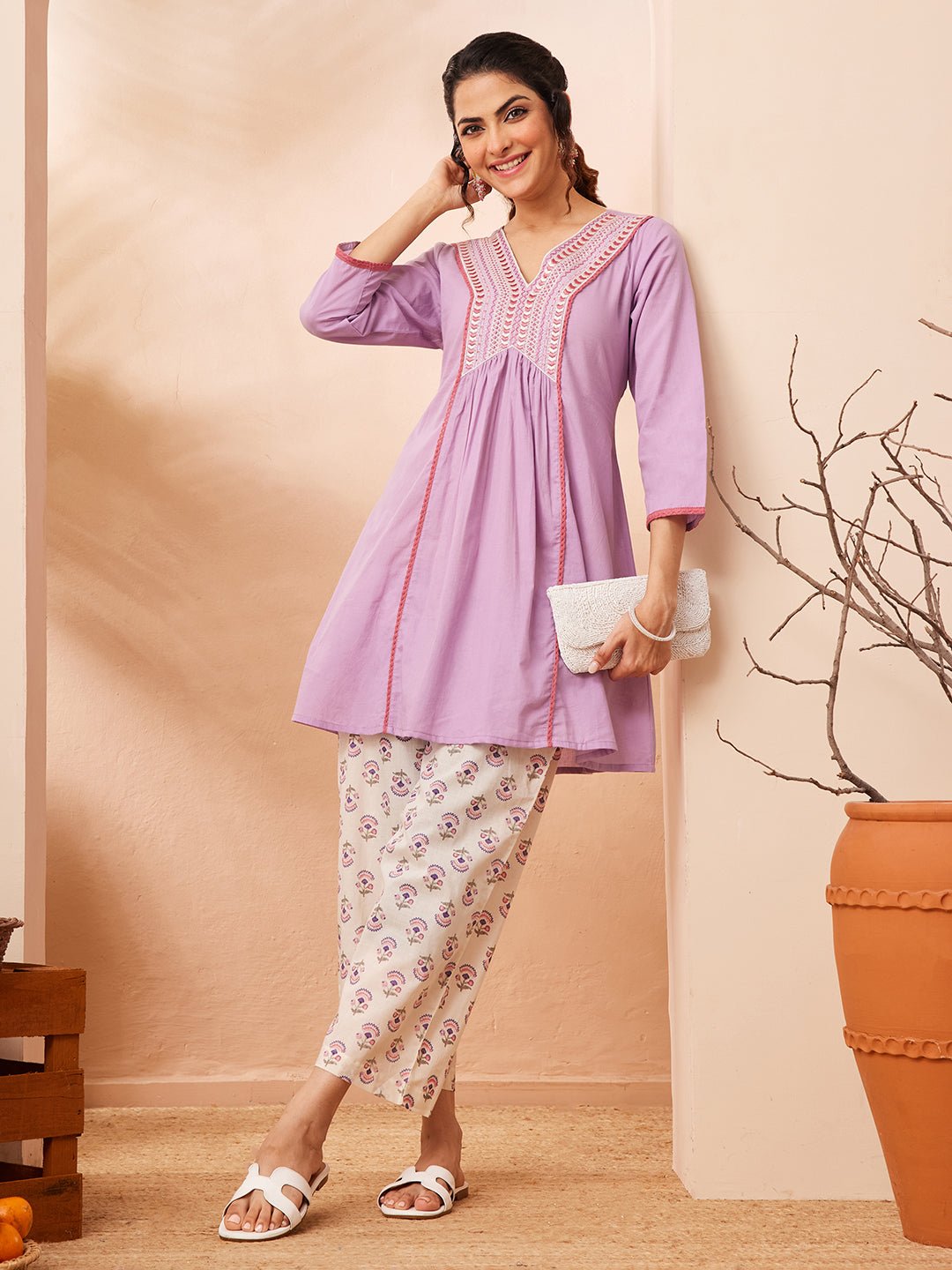 JAA26CD03753_1.jpg Lavender Pure Cotton Yoke Embroidered A-Line Cord Set - Image 1