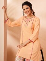 Peach Pure Cotton Yoke Embroidered Straight Cord Set