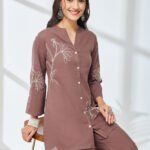 Brown Pure Cotton Embroidered A-Line Cord Set