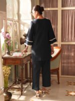 Navy Blue Pure Cotton Yoke Embroidered Straight Cord Set - Image 3