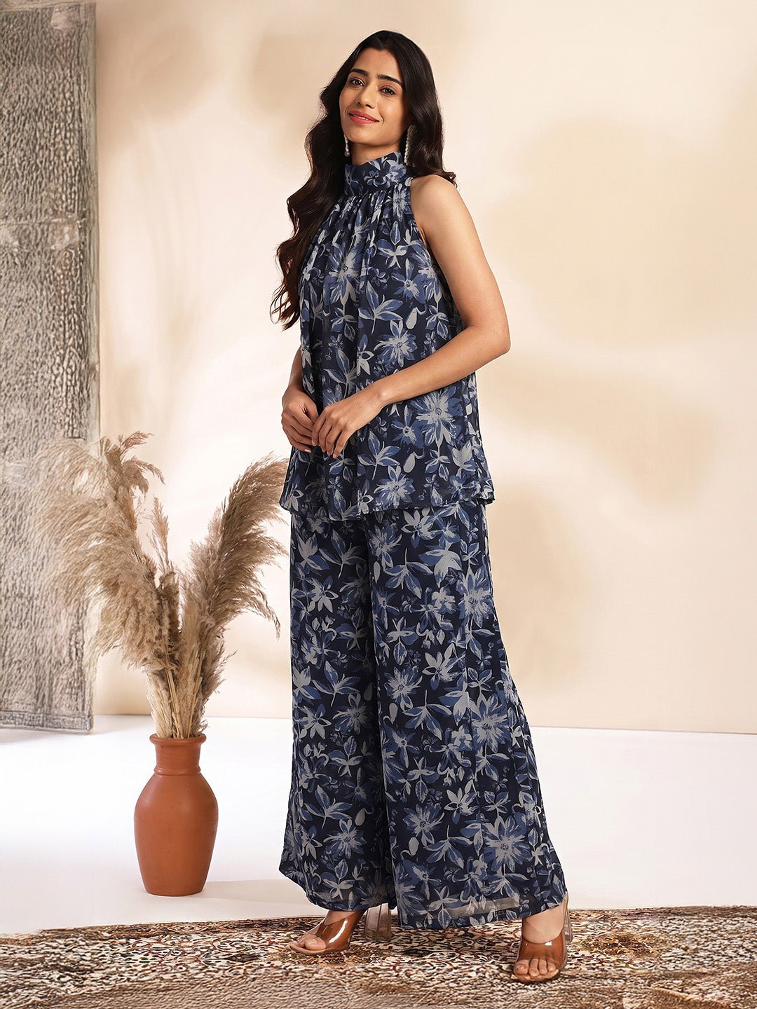JAA26CD04409_1.jpg Black Georgette Floral Printed A-Line Cord Set - Image 1