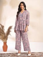 Baby Pink Georgette Floral Printed A-Line Cord Set