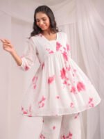 Off White Dobby Georgette Abstract Gathered Cord Set