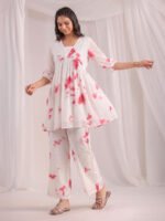 Off White Dobby Georgette Abstract Gathered Cord Set - Image 2