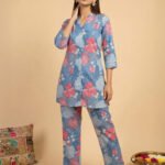 Blue Pure Cotton Floral Printed Straight Cord Set - Style 04601