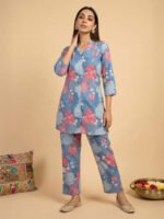 Blue Pure Cotton Floral Printed Straight Cord Set - Style 04601