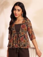 Brown Chiffon Solid Shoulder Strap Crop Top with Trouser Floral Printed Shrug - Image 2