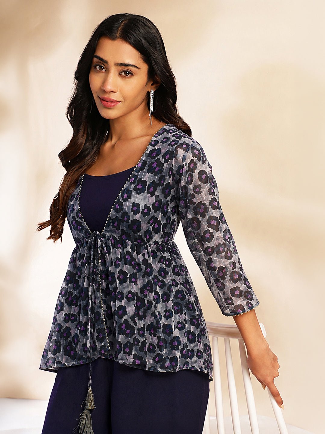 JAA26ST05092_1.jpg Black Chiffon Solid Shoulder Strap Crop Top with Trouser Floral Printed Shrug - Image 1