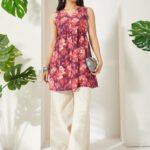 Wine Pure Cotton Floral Printed Gathered Short Kurti