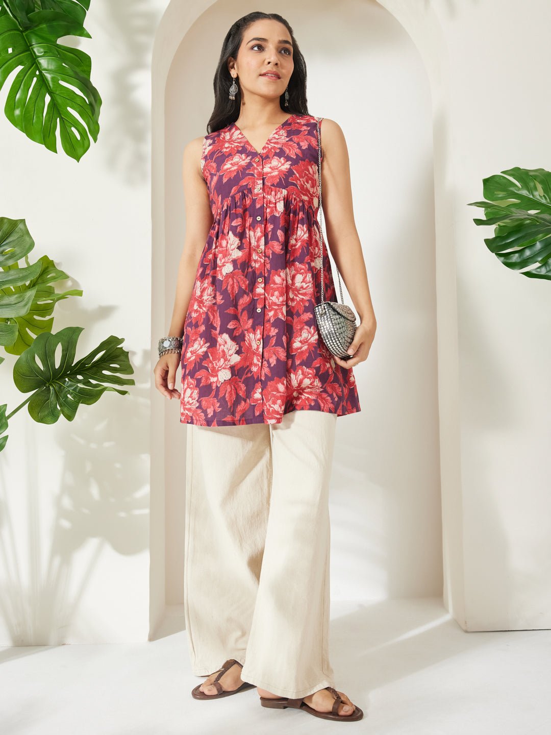JAA26TU03535_1.jpg Wine Pure Cotton Floral Printed Gathered Short Kurti - Image 1