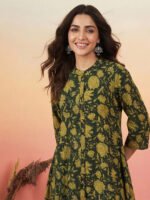 Dark Green Pure Cotton Floral Printed A-Line Flared Short Kurti