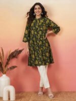 Dark Green Pure Cotton Floral Printed A-Line Flared Short Kurti - Image 3