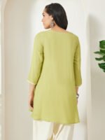 Lime Green Rayon Yoke Embroidered A-Line Short Kurti - Image 3