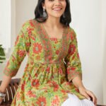 Lime Green Pure Cotton Floral Printed A-Line Short Kurti
