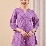 Purple Pure Cotton Bandhani Printed A-Line Short Kurti