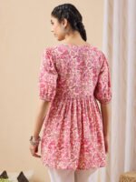 Pink Pure Cotton Floral Printed A-Line Short Kurti - Image 3