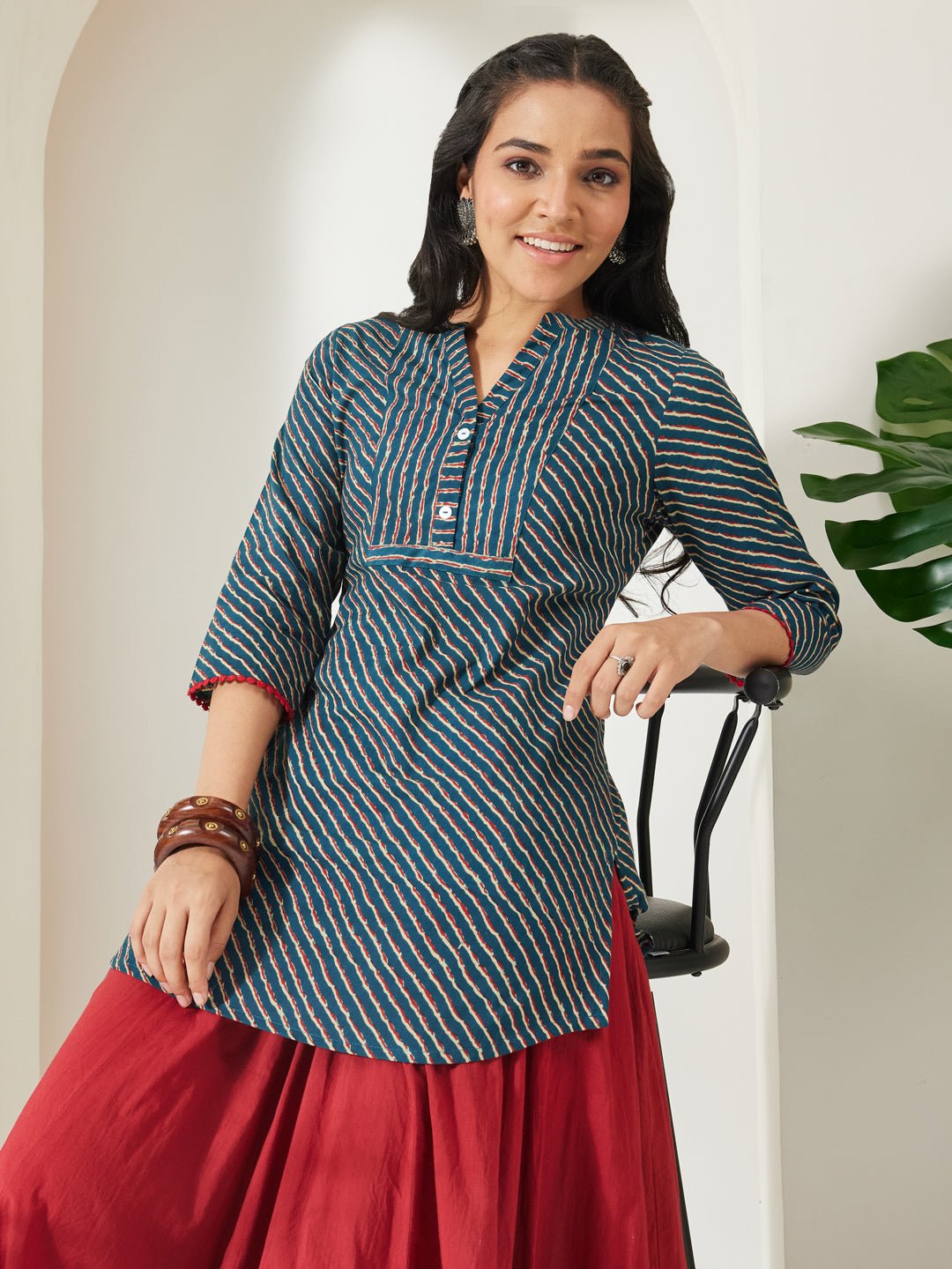 JAA26TU04153_1.jpg Teal Blue Pure Cotton Striped Printed A-Line Short Kurti - Image 1