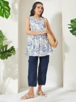 White Pure Cotton Floral Printed A-Line Short Kurti - Style 04286
