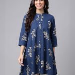 Navy Blue Pure Cotton Floral Printed A-Line Short Kurti