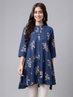 Navy Blue Pure Cotton Floral Printed A-Line Short Kurti