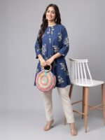 Navy Blue Pure Cotton Floral Printed A-Line Short Kurti - Image 2