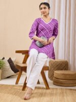 Purple Pure Cotton Bandhani Printed Straight Short Kurti - Image 2