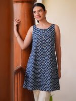 Blue Pure Cotton Geometric Printed A-Line Short Kurti - Image 2