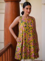 Yellow Pure Cotton Floral Printed A-Line Short Kurti