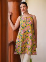 Yellow Pure Cotton Floral Printed A-Line Short Kurti - Image 2