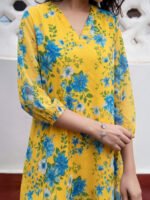 Yellow Georgette Floral Printed A-Line Short Kurti