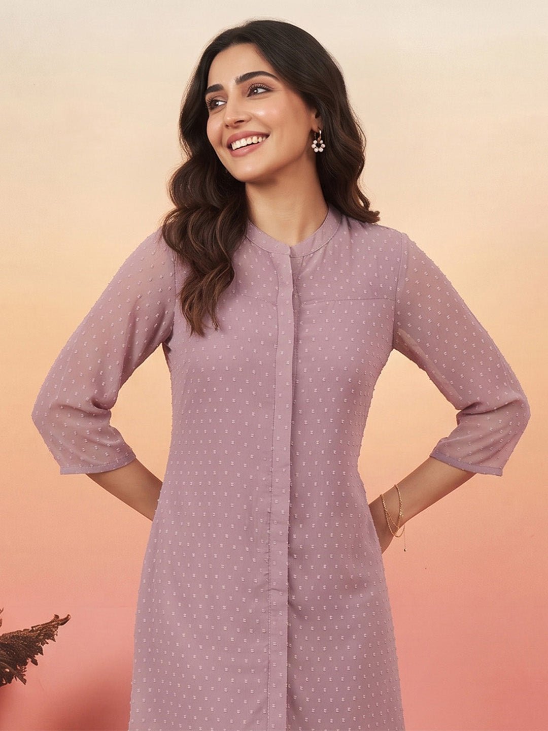 JAA26TU04502_1.jpg Lavender Dobby Chiffon Solid A-Line Short Kurti - Image 1