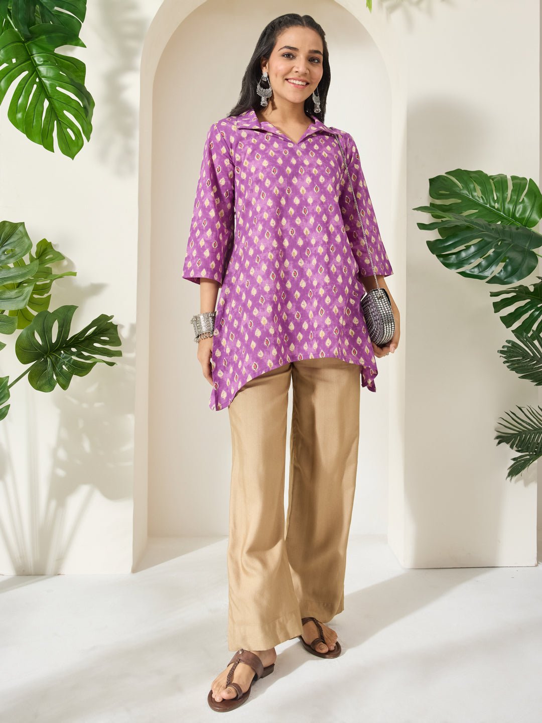 JAA26TU04579_1.jpg Purple Pure Cotton Ethnic Motifs Printed A-Line Short Kurti - Image 1