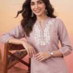 Lavender Silk Blend Floral Yoke Embroidered Straight Short Kurti