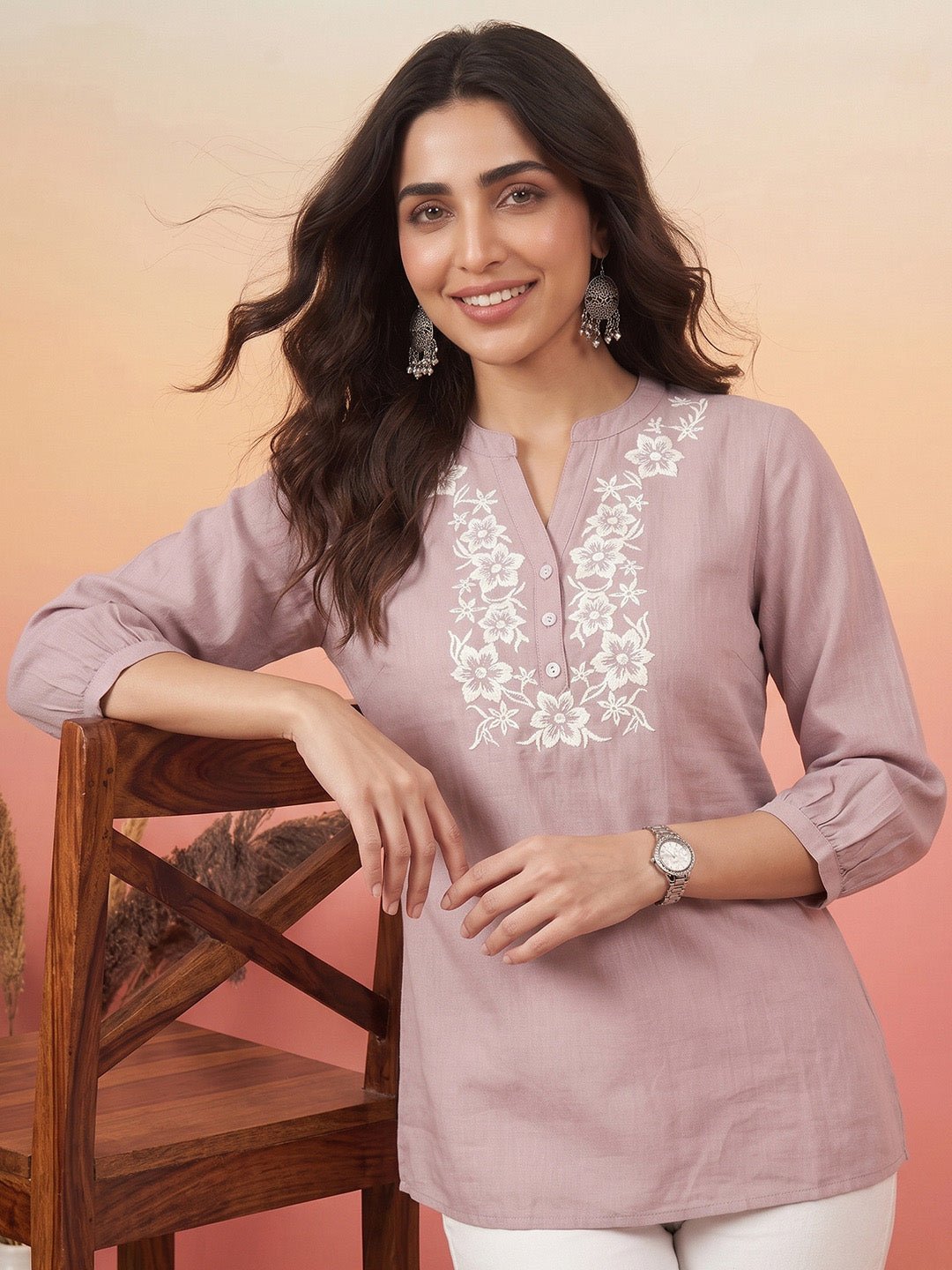 JAA26TU04892_1.jpg Lavender Silk Blend Floral Yoke Embroidered Straight Short Kurti - Image 1