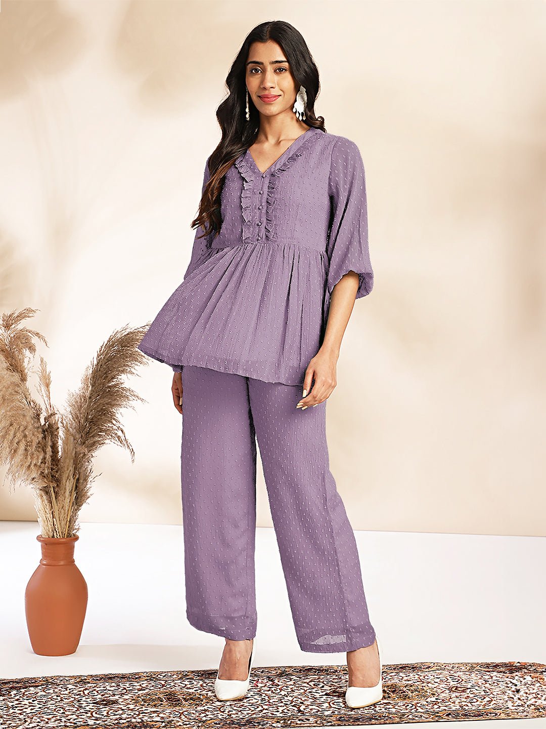 JAC24CD01235_1.jpg Lavender Dobby Chiffon Self Design Peplum Cord Set - Image 1