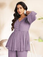 Lavender Dobby Chiffon Self Design Peplum Cord Set - Image 2