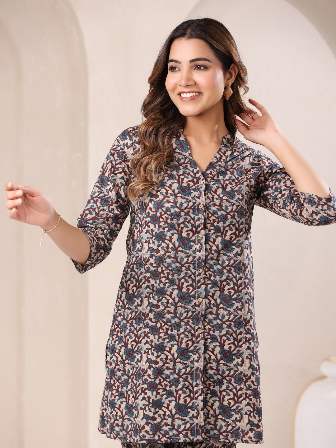 JAC24CD01435_1.jpg Beige Pure Cotton Floral Printed Straight Cord Set - Image 1