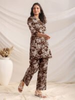 Brown Pure Cotton Floral Printed Straight Cord Set - Image 2