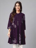 Purple Pure Cotton Floral Printed Flared Short Kurti