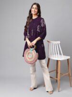 Purple Pure Cotton Floral Printed Flared Short Kurti - Image 2