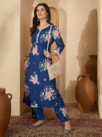 Blue Rayon Blend Floral Printed Straight Cord Set - Image 2
