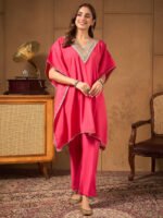 Pink Silk Blend Embroidered Kaftan Cord Set